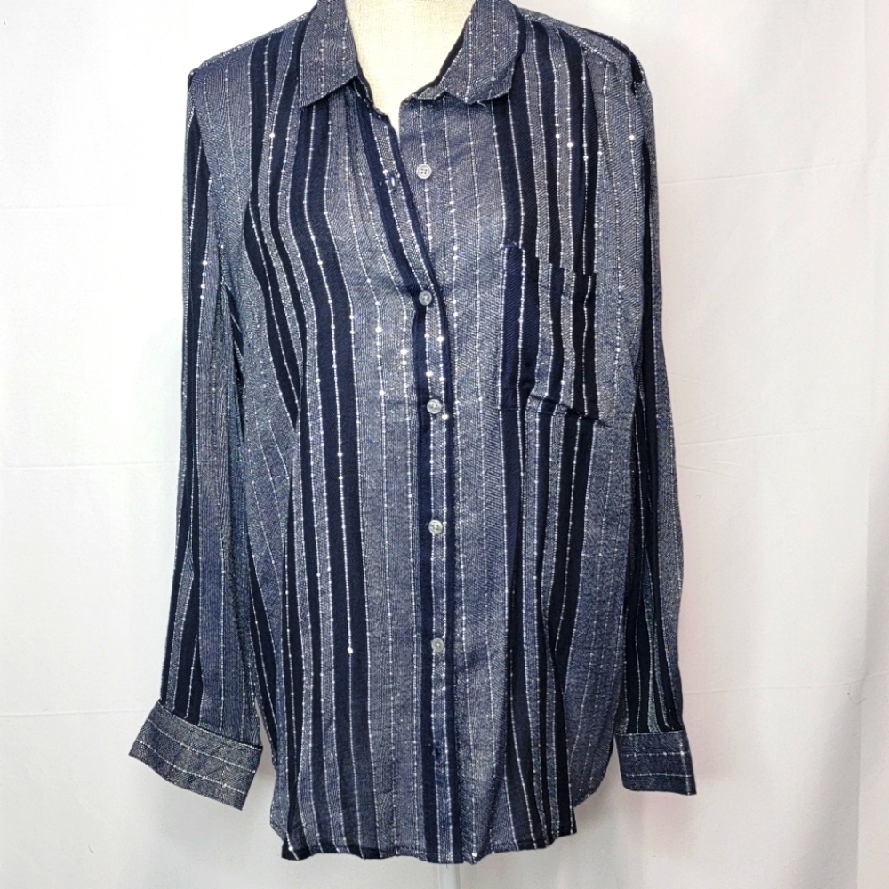 Style & Co. Navy and Sequined Striped Button-Up Blouse